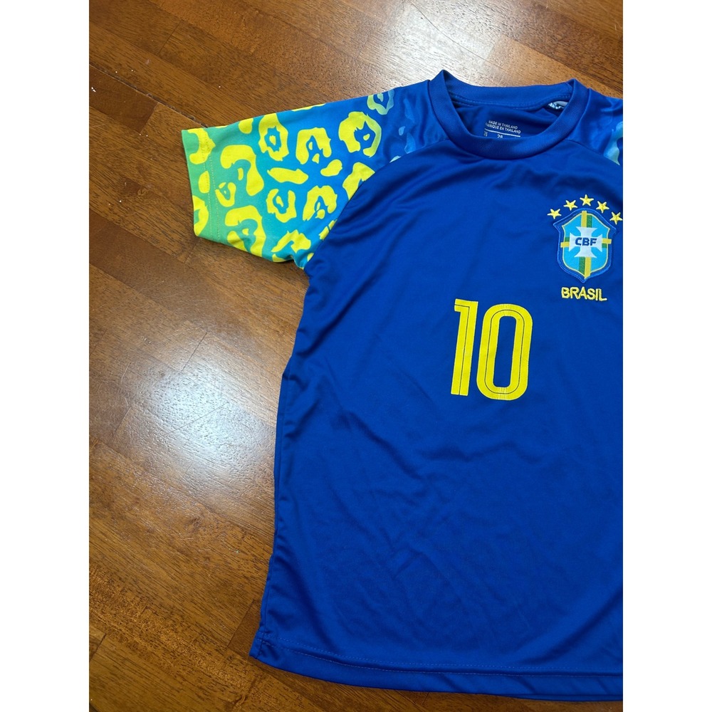 Brazil Soccer Jersey Youth 26 Blue Pele 10 Leopard Print Sleeves - Picture 2 of 11
